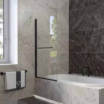 Шторка на ванну Veconi Palau 90х150 профиль черный стекло прозрачное