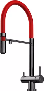 Смеситель для кухни Omoikiri Kanto с подключением к фильтру и гибким изливом темный хром, вороненая сталь, красный