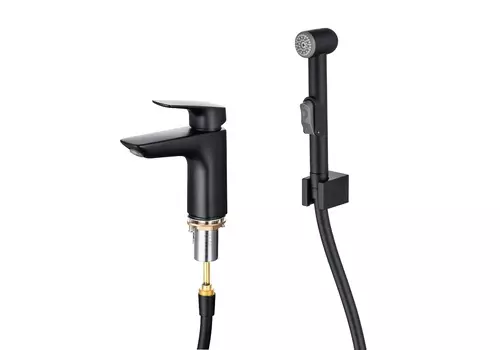 Смеситель для раковины AQUATEK Вега AQ1012MB с гигиеническим душем, матовый черный