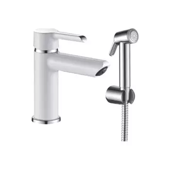 Смеситель для раковины Shevanik S6071F с гигиеническим душем, белый, хром
