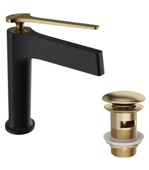 Смеситель для раковины STWORKI Аулум S06010BG матовый черный, матовое золото + донный клапан SD-001GM матовое золото