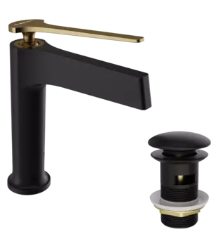 Смеситель для раковины STWORKI Аулум S06010BG матовый черный, матовое золото + донный клапан SD-001BK матовый черный