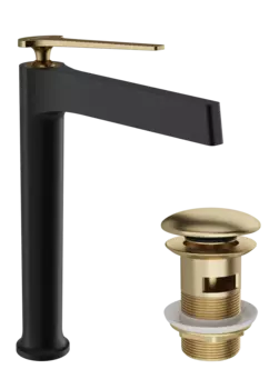 Смеситель для раковины STWORKI Аулум S06020BG матовый черный, матовое золото + донный клапан SD-001GM матовое золото