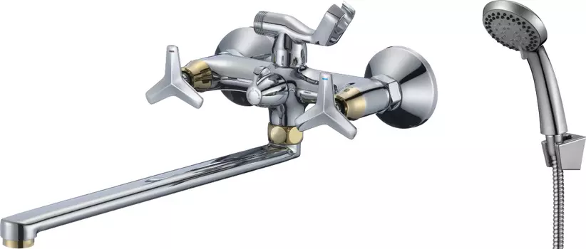 Смеситель двуручный, универсальный, с поворотным изливом 350мм, дивертор с кер. пласт., хром RS41-84