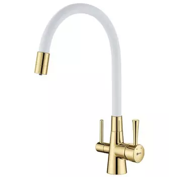 Смеситель для кухни Lemark Comfort с подключением к фильтру и гибким изливом золото, белый