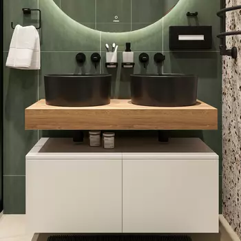 Столешница STWORKI Ольборг 100 дуб французский, без отверстий, 2 тумбы 50 + 2 раковины BOCCHI Vessel, черные