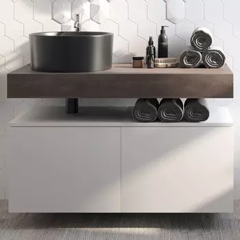 Столешница STWORKI Ольборг 100 дуб карпентер, без отверстий, 2 тумбы 50, с раковиной BOCCHI Vessel черной