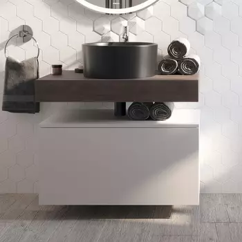 Столешница STWORKI Ольборг 80 дуб карпентер, без отверстий, с тумбой 80, с раковиной BOCCHI Vessel черной