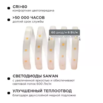 Светодиодная лента Apeyron 220В 6Вт/м smd2835 60д/м IP65 600Лм/м 15м 3000К 10-57