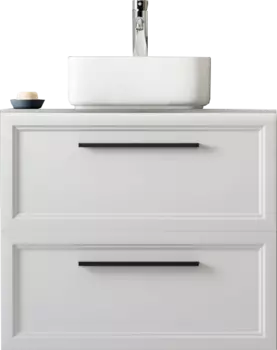 Тумба под раковину со столешницей STWORKI Эстерсунд 75 матовая белая, простоун беж, с отверстием для смесителя