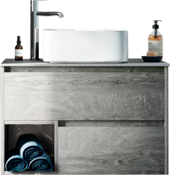 Тумба под раковину со столешницей STWORKI Карлстад 75 дуб рошелье, роверелла, с отверстием для смесителя