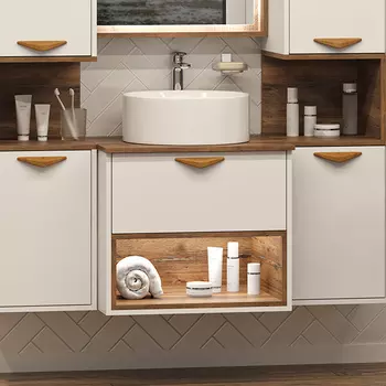 Тумба с раковиной Brevita Bergen 60 подвесная, с подсветкой, дуб галифакс олово, белый