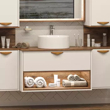 Тумба с раковиной Brevita Bergen 90 подвесная, с подсветкой, дуб галифакс олово, белый