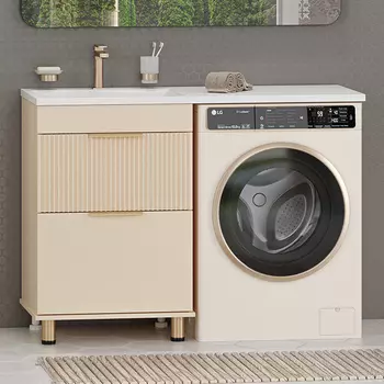 Тумба с раковиной Brevita Enfida 60 напольная, под стиральную машину, L, бежевая