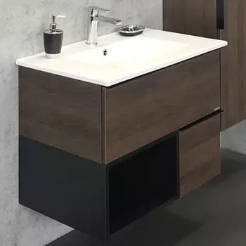 Тумба с раковиной Comforty Франкфурт 75, дуб шоколадно-коричневый, белая раковина