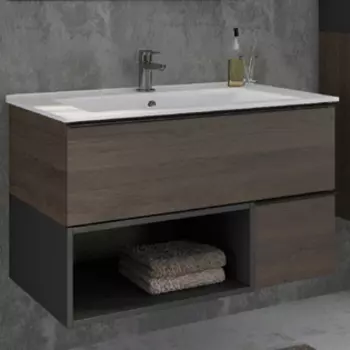 Тумба с раковиной Comforty Франкфурт 90, дуб шоколадно-коричневый, белая раковина