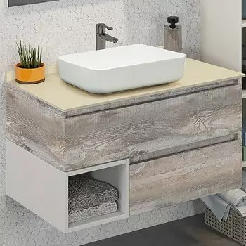 Тумба с раковиной Comforty Прага 90 дуб бежевый, с бежевой столешницей