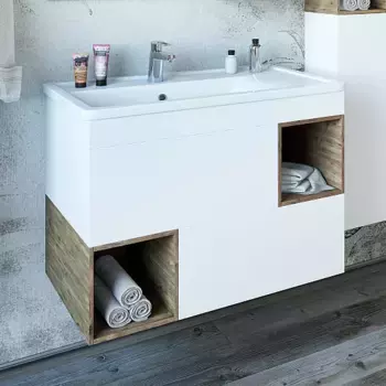 Тумба с раковиной подвесная Sanflor Даллас 80 белый матовый, светлое дерево, дуб рустикальный