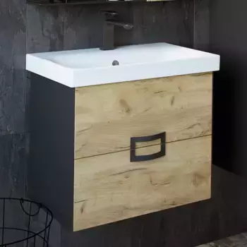 Тумба с раковиной подвесная Sanflor Выборг 60 черный, светлое дерево, дуб крафт золотой