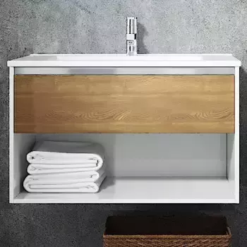 Тумба с раковиной Sanvit Контур 80 белый глянец - светлое дерево