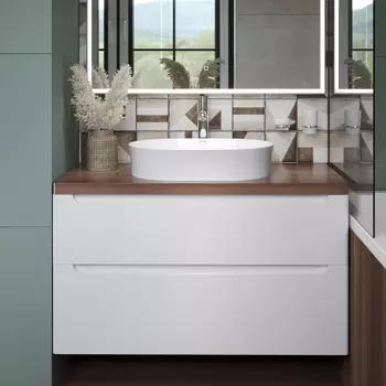 Тумба с раковиной STWORKI Берген 100 белая с темной столешницей, раковина Bocchi Sottile 1521-001-0125