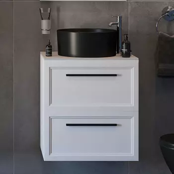 Тумба с раковиной STWORKI Эстерсунд 60 белая матовая, простоун беж, BOCCHI Vessel черная