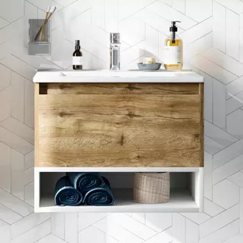Тумба с раковиной STWORKI Карлстад 60 дуб рустикальный, с белой полкой