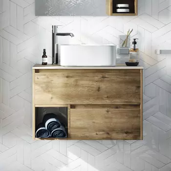 Тумба с раковиной STWORKI Карлстад 75 дуб рустикальный, простоун беж, с отверстием для смесителя в столешнице