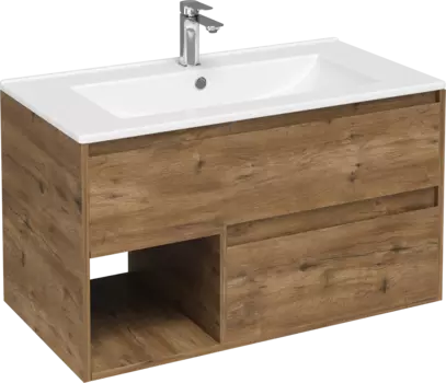 Тумба с раковиной STWORKI Карлстад 90 дуб рустикальный, со смесителем Вестерос S26010CR хром