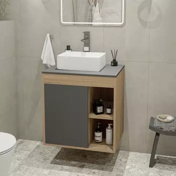 Тумба с раковиной Teymi Nura 60 дуб эврика, матовый графит, раковина Helmi Mini 38