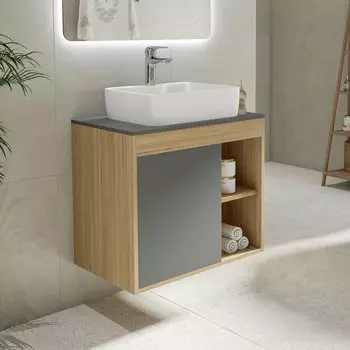 Тумба с раковиной Teymi Nura 70 дуб эврика, матовый графит, раковина Helmi S 48