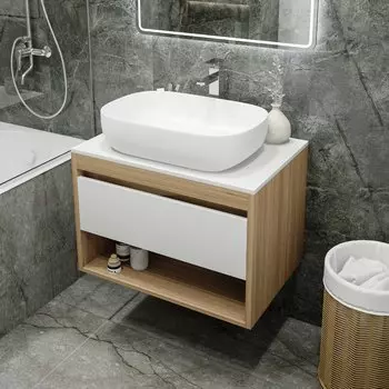 Тумба с раковиной Teymi Ritta 75 дуб эврика, матовая белая, раковина Solli 60