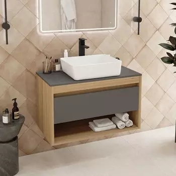 Тумба с раковиной Teymi Ritta 85 дуб эврика, матовый графит, раковина Helmi 50