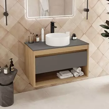 Тумба с раковиной Teymi Ritta 85 дуб эврика, матовый графит, раковина Lina D35