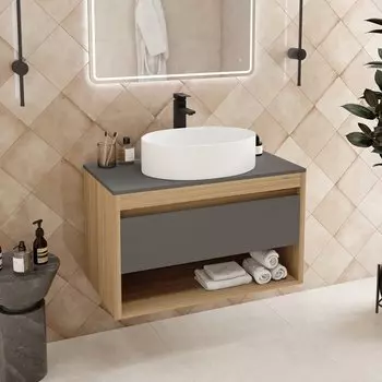 Тумба с раковиной Teymi Ritta 85 дуб эврика, матовый графит, раковина Lori 50