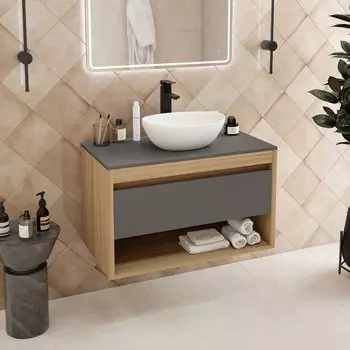 Тумба с раковиной Teymi Ritta 85 дуб эврика, матовый графит, раковина Lori 40