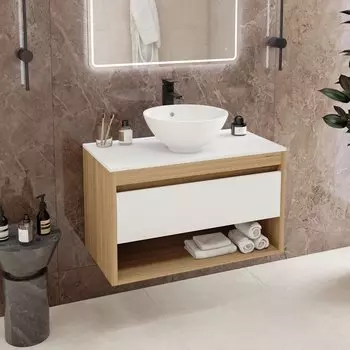 Тумба с раковиной Teymi Ritta 85 дуб эврика, матовая белая, раковина Lina kuppi D40