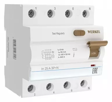 Устройство защитного отключения Werkel 3P+N 25A 30mА АС 6kА W914P256 4690389193156