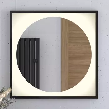 Зеркало в багетной раме с LED-подсветкой 15 W (70x70 cm) (Без выключателя) (Теплый белый свет) (Черная рама) (DEFESTO)