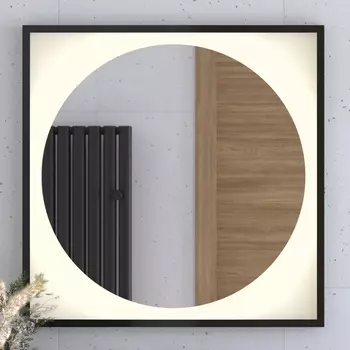 Зеркало в багетной раме с LED-подсветкой 18 W (80x80 cm) (Без выключателя) (Теплый белый свет) (Черная рама) (DEFESTO)