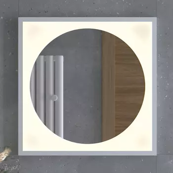 Зеркало в багетной раме с LED-подсветкой 12 W (60x60 cm) (Без выключателя) (Теплый белый свет) (Белая рама) (DEFESTO)