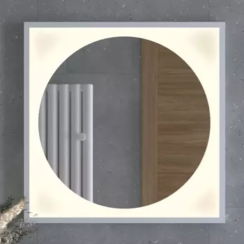 Зеркало в багетной раме с LED-подсветкой 15 W (70x70 cm) (Без выключателя) (Теплый белый свет) (Белая рама) (DEFESTO)