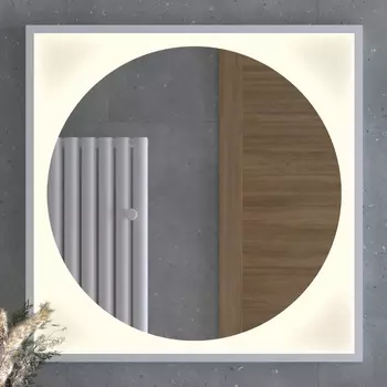 Зеркало в багетной раме с LED-подсветкой 18 W (80x80 cm) (Без выключателя) (Теплый белый свет) (Белая рама) (DEFESTO)