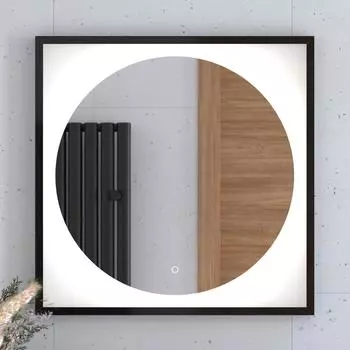Зеркало в багетной раме с LED-подсветкой 15W (70x70 cm) (Сенсорный выключатель) (Нейтральный белый свет) (Черная рама) (DEFESTO)