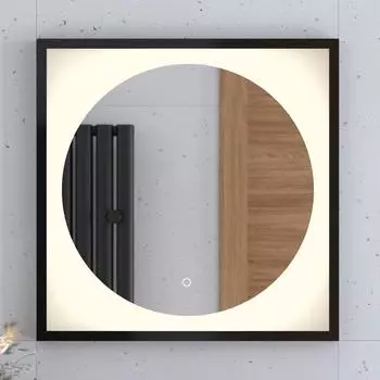 Зеркало в багетной раме с LED-подсветкой 12W (60x60 cm) (Сенсорный выключатель) (Теплый белый свет) (Черная рама) (DEFESTO)