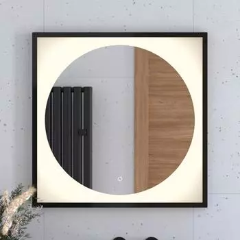 Зеркало в багетной раме с LED-подсветкой 15W (70x70 cm) (Сенсорный выключатель) (Теплый белый свет) (Черная рама) (DEFESTO)