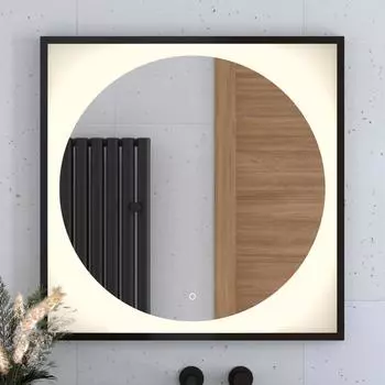 Зеркало в багетной раме с LED-подсветкой 18W (80x80 cm) (Сенсорный выключатель) (Теплый белый свет) (Черная рама) (DEFESTO)