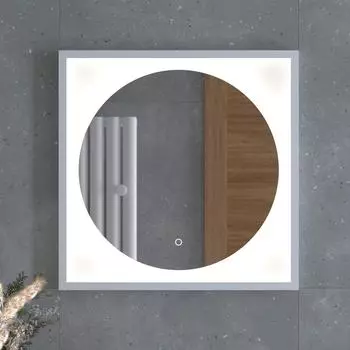 Зеркало в багетной раме с LED-подсветкой 12W (60x60 cm) (Сенсорный выключатель) (Нейтральный белый свет) (Белая рама) (DEFESTO)