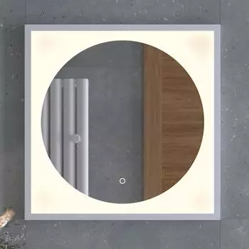 Зеркало в багетной раме с LED-подсветкой 12W (60x60 cm) (Сенсорный выключатель) (Теплый белый свет) (Белая рама) (DEFESTO)