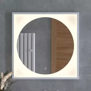 Зеркало в багетной раме с LED-подсветкой 15W (70x70 cm) (Сенсорный выключатель) (Теплый белый свет) (Белая рама) (DEFESTO)